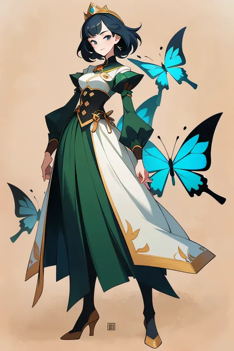 (1 Anthropomorphism of butterflies), (standing full-body), (Full body standing painting), 1 Princess，(standing full-body)，solo, long  skirt，character  design, fanciful, tmasterpiece，top Quority，best qualtiy，ultra high resolution，Exquisite facial features