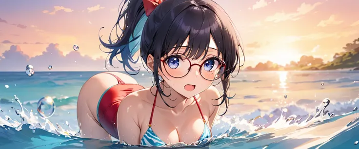 1 female,black hair, ,((impatient look)),beautiful breasts,((swimsuit)),good style,,(facing the front)(((cheeks turn red、surprised expression)),(((Underponytail))),((( upper body portrait)))frameless glasses,blue eyes,(((The bangs are even)))(wet state)