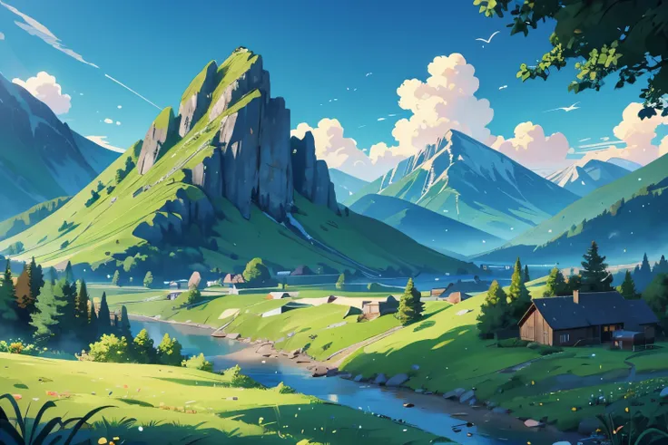 (illustrations : 1.0), photorealistic lighting, hd detail, summer, green mountain, mountain ranges, ben