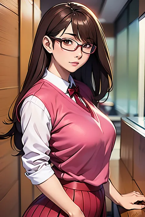 (masterpiece, best quality:1.2),koyomi mizuhara, wearing pink school uniform, glasses,