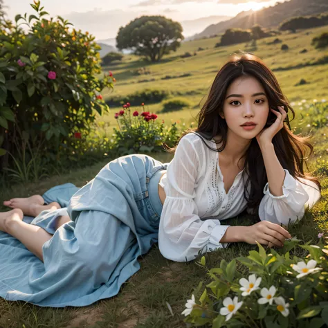 Generate img
TYPE : Beauty Photography
THEME : Natural 
RACE : Indonesian, young
PERSON 1 : Early 20s, woman
SCENE : outdoor , a woman is lying on a lush green grassy field, surrounded by wild flower. The person is wearing a white blouse and a light blue l...