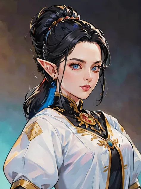 ((masterpiece、highest quality、Super detailed、High resolution、sharp focus、cinematic lighting))、((1 female、bust shot))、Portrait of a beautiful female elf 、40 years old、focus from the chest up、elaborately patterned cloth cloak、Textured black leather armor and...