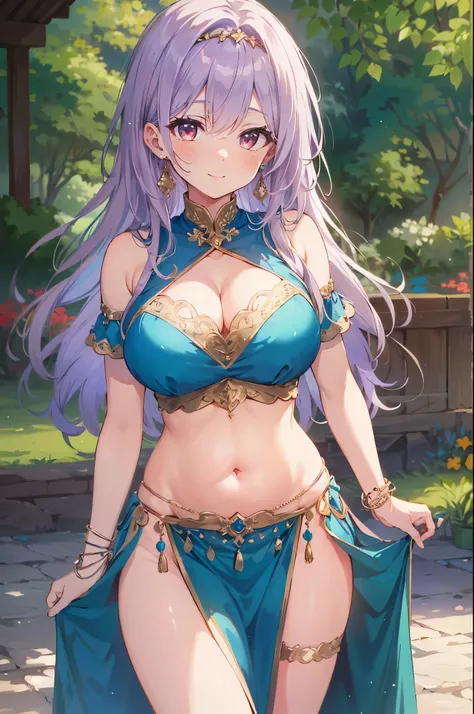 high quality, ultra detailed, best quality, insanely detailed, beautiful, masterpiece, 1girl, garden, medieval Europe, cowboy shot, red eyes, long hair, light purple hair, (belly dancer, harem outfit, pelvic curtain:1.2), bare legs, circlet, earrings, arml...