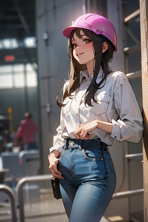 Female 25 years old,Front facing、jeans作業服 、shiny skin、Looks like work is fun、smile、 fine fabric texture, jeans、long sleeve shirt、pink helmet,Construction site、Rear show window、return、looking at camera、Backlight
