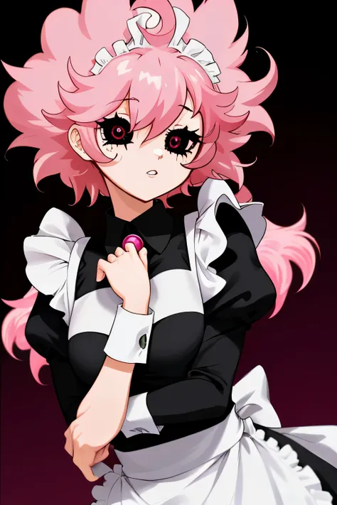 mina ashido, piel rosada, ojos amarillos, black sclera, cuernos, cabello rosado, pechos enormes, maid, sola