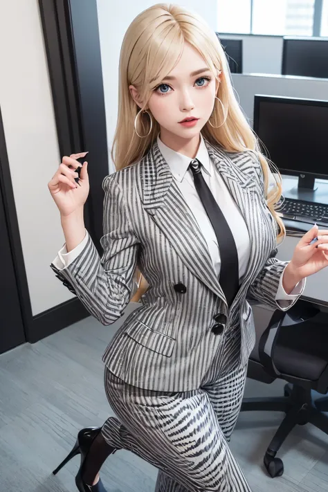 office building　Meeting Room、nordic、comb your hair、huge 、beautiful feet、cross earrings、black high heels、eyes are blue、blonde　long hair、lace and zebra print　bra、Black Office Jacket、I can see your chest　white Y-shirt、gray　pants suit、turn your butt　Looking ba...