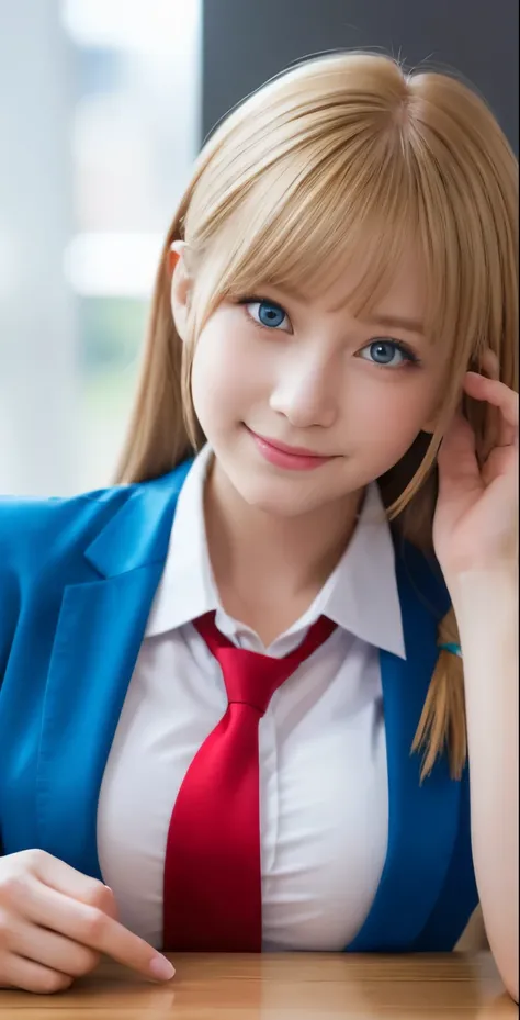 table top、highest quality、 super detailed、High resolution、8k wallpaper、perfect dynamic composition,、detailed and beautiful eyes、(beautiful breasts:1.3) 、blue blazer、white shirt、red tie、1 girl、beautiful girl、blonde hair、shortcut、long bangs、blue eyes、blue ey...