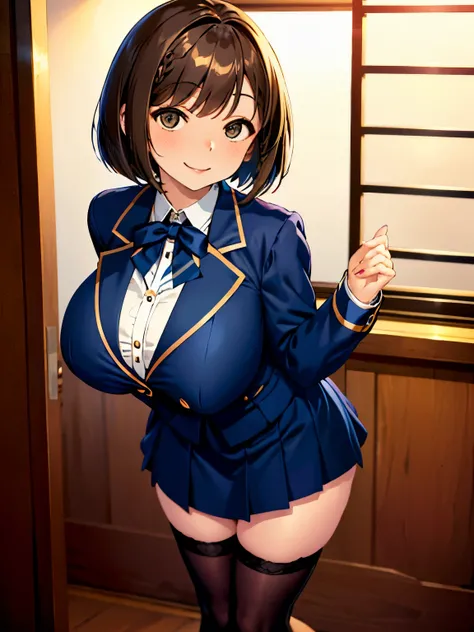 high quality，masterpiece。Cute brown-haired woman，high school girl，The hairstyle is short hair，bob cut。She stands upright with her face and body facing the viewer，true identity。her hands are empty，Both hands are not posed。she looks tall。Her breasts are huge...