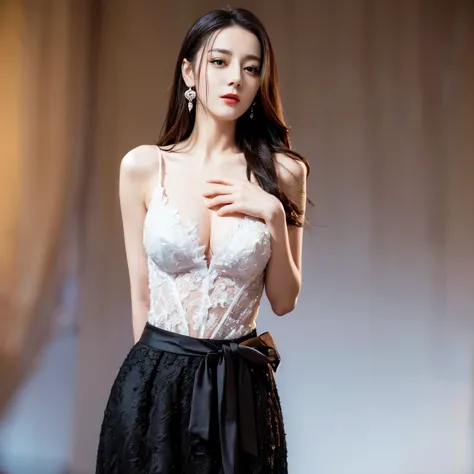 ((top quality、8k、​Masterpiece:1.3))、Extremely delicate and beautiful girl，full-body shot，huge breasts，bigger breasts，amazing breast size，H cup，long skirt，Sunset，Sunset。Wear big earrings，Very white skin，moist red lips，Waist is very thin，Thighs are very thin...