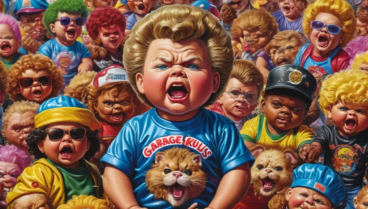 create an image demonstrating the style of ((Garbage Pail Kids)) style, hyper realism, 8k high definition, vibrant colors, sharp focus, insanely detailed