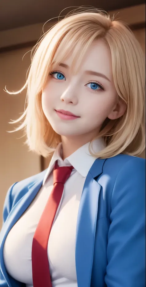 table top、highest quality、 super detailed、High resolution、8k wallpaper、perfect dynamic composition,、detailed and beautiful eyes、(beautiful breasts:1.3) 、blue blazer、white shirt、red tie、teen girl、1 girl、beautiful girl、blonde hair、short hair、blue eyes、blue e...