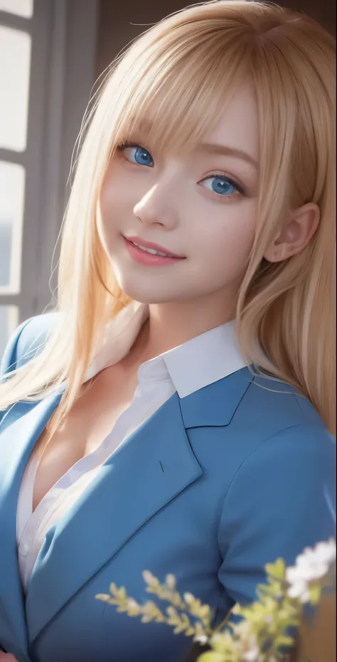 table top、highest quality、 super detailed、High resolution、8k wallpaper、perfect dynamic composition,、detailed and beautiful eyes、(beautiful breasts:1.3) 、blue blazer、white shirt、red tie、teen girl、1 girl、beautiful girl、blonde hair、short hair、blue eyes、blue e...