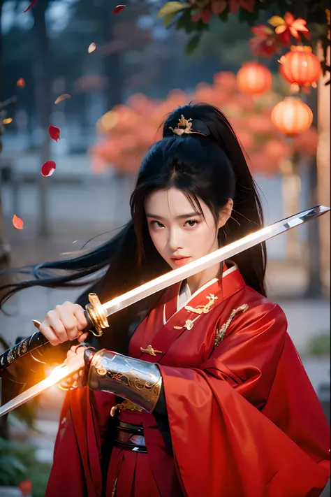 1girl,black hair,embers,falling leaves,falling petals,fire,high ponytail,(holding sword:1.5),ancient chinese hanfu,brave and spi...