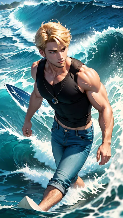 最high quality、best image quality、masterpiece、male((20-year-old、 By becoming、wide open breast tea、輝くeye, blonde、shortcut、black vest、blue t-shirt、denim pants、While surfing、stubble、muscular、eye)),high quality、beautiful art、background((Ocean))、Flight、debris fl...