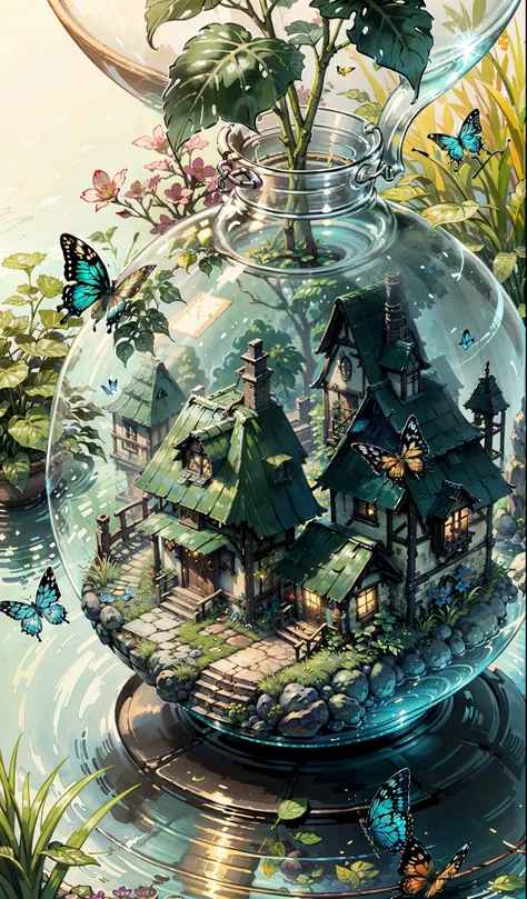 (masterpiece, highest quality: 1.2), (Super detailed), (figure), wallpaper, original, Round bottom flask, Grass, vine, water, butterfly, nature, shining, wrapped in light, terrarium, RPG style, comics, fantasy, mobile games, (shining)