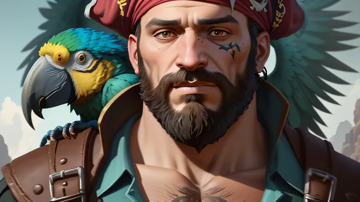 There is a man with a beard and a parrot on his shoulder, Drawn portrait, Pirate image, A very realistic adventure, A detailed personal photo, Portrait of an adventurer, Picture of a cinematic bust, An artistic image of the character, Winner of zbrush cont...