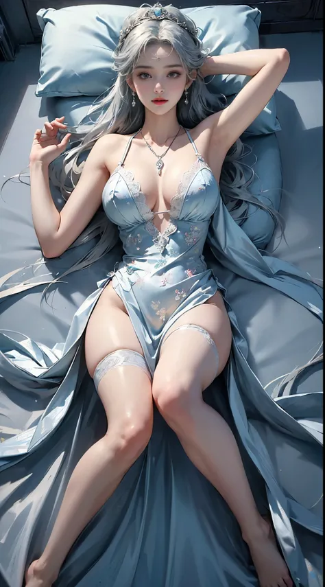 ((upscale, 8k, masterpiece: 1.5)), 乳晕clear，clear: 1.2, perfect body beautiful: 1.4, White lace one-piece underwear，Long blue-gray hair，necklace，bracelet，moist skin, Transparent liquid splashed on body, Big breasts，Big breasts，sleep in bed，legs spread，legs ...