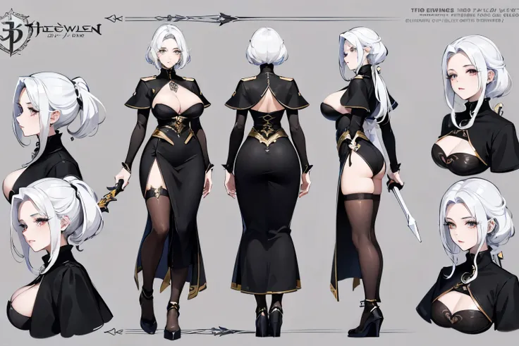 character design sheet，1 30-year-old female queen,Profession：swordsman,（ Dungeons & Warriors characters)， white hair, big breasts, complete body，black clothes， luxury，Lots of accessories，3 angle view, （front view, side body view, Back view）