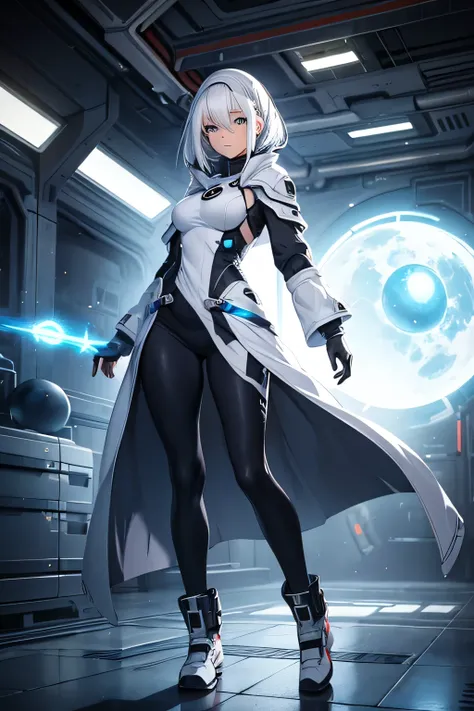 modest girl with white hair. sci-fi themed. leggings, full body shot. dark magic orb in hand.