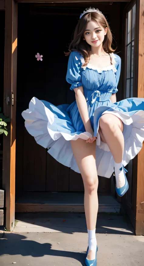 {highest quality}, {masterpiece, 超A high resolution}, (Photoreal:1.4), {{RAW photo}}, {{{A 16-year-old Lolita-like woman poses with her skirt pulled up and one leg raised.....:smile：detailed eye：double big eyes}}, , {Alice Blue Dress, White socks and black...