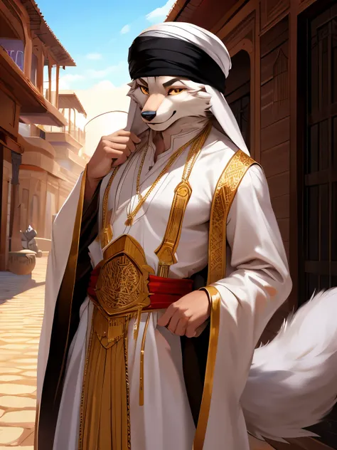 4k, ,8K, A high resolution, best quality, perfect colors, perfect shadows, perfect lighting, (posted on e621, by Chunie), male, furry, Arctic fox anthro, (Arctic fox tail), solo, white fur, Yellow eyes, (Realistic eye details 1.2), Wearing Muslim clothing,...