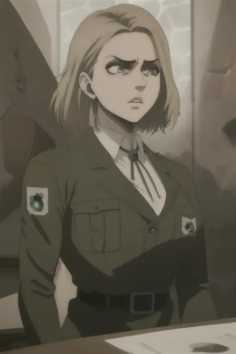 (best quality, highres, masterpiece:1.2), annoyed 1girl in a uniform with a hitchat, captured in the upper body, standing solo o...