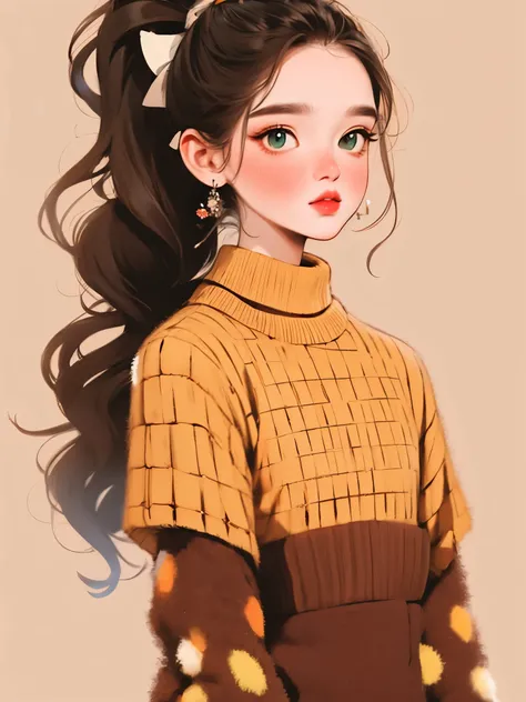 (masterpiece, best quality:1.2),flower arrangement art，watercolor painting，black irregular lines，a beautiful girl，Skin detail processing，The eyes are finely described，Delicate hair，ponytail，black high-neck sweater，White geometric pattern，Sweater details，ha...