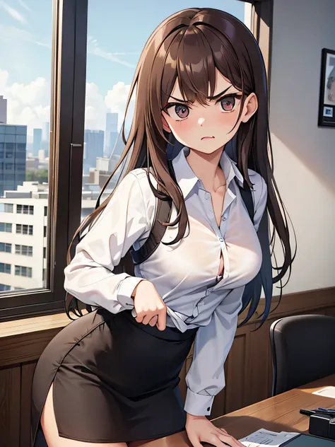 (1) Businesswoman wearing a skirt suit. (The skirt has a center slit.)
(2) The inner layer of the suit is a frilled shirt with one button undone from the top..
(3) Her eyebrows are angry because she is arguing loudly and passionately.
(4) long brown hair.
...