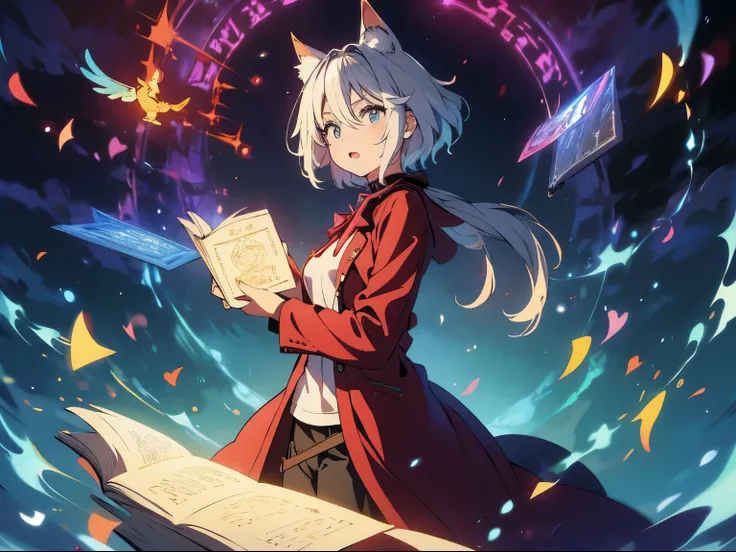 masterpiece, A world where magic and technology coexist, Cat-eared teenager (gray hair, short hair) ，boyish，Hone your skills、Let&#39;s go on a journey to uncover the secrets of power.., beautiful eye、Standing in the forest，fantasy，depicted in detail. The m...