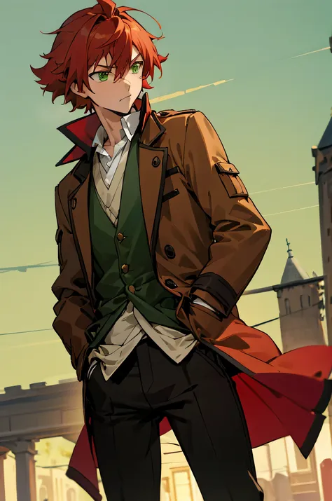 1 male, young adult, green eyes, red hair, town background, brown jacket, tatsumi clothes, hand in pockets, masterpiece quality,...