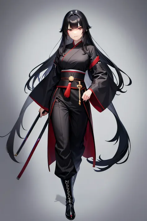 black haired samurai girl with a long robe and long pants wearing boots. Detailed face. Full body shot