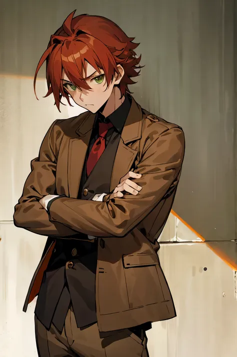 1 male, Young Adult, Green Eyes, Red Hair, Town Background, Brown Jacket, Tatsumi Clothes, arm crossed lean on wall pose, Masterpiece Quality, Perfect Generation.