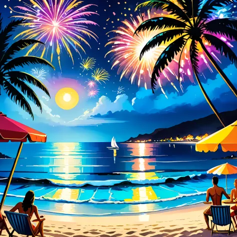 (best quality,ultra-detailed,highres:1.2),professional beach party at night,beautifully detailed bonfire, vibrant carnival lights, pulsating colors, sparkling beach sand, joyful atmosphere, lively music, energetic dancing, colorful cocktails, glowing lante...