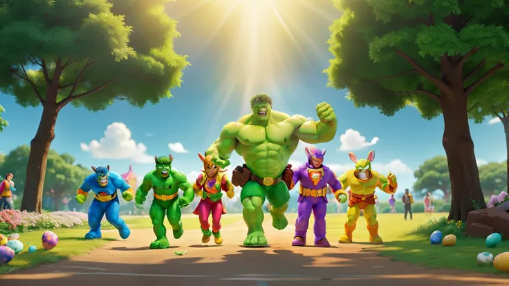 In the heart of a vibrant and colorful Easter celebration, a group of beloved superheroes gathers together to rejoice in the joyous occasion. Sunlight filters through the lush, blooming trees, casting warm, golden hues over the lively scene. The superheroe...