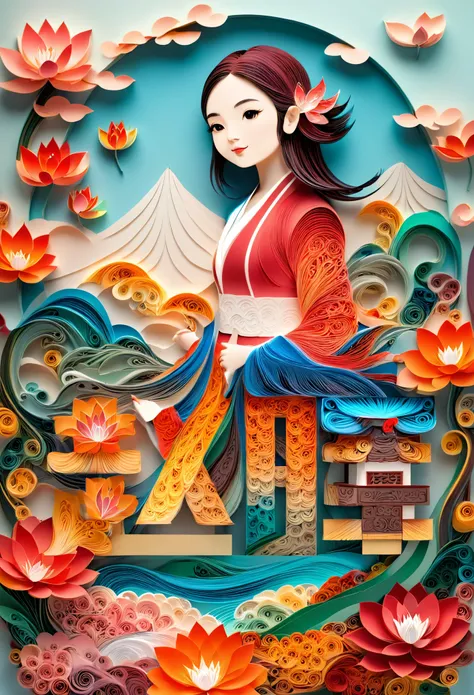 (number art, paper art,layered paper art,paper quilling,paper-cut,paper sculpture),1 girl,mountains, tree, river,flowers,lotus, (Oriental elements, Chinese color, Advanced color matching), (3D sculpture,Render by Octane,Volumetric light,natural soft light...