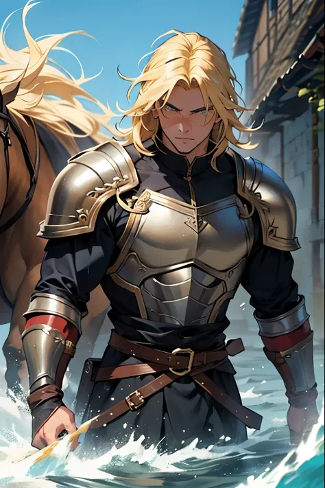 Homem, blonde, cabelo curto, adulto, alto, forte, homem grande, musculoso, medieval, anime, cavaleiro, armadura, olhos azuis