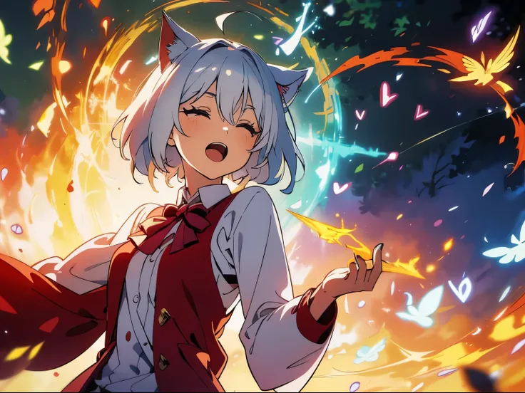 masterpiece, A world where magic and technology coexist, cat ears girl (gray hair, short hair) ，boyish，hone your skills、Set out on a journey to uncover the secrets of power., beautiful eyes、Standing in the forest，fantasy，drawn in detail. A magician makes t...