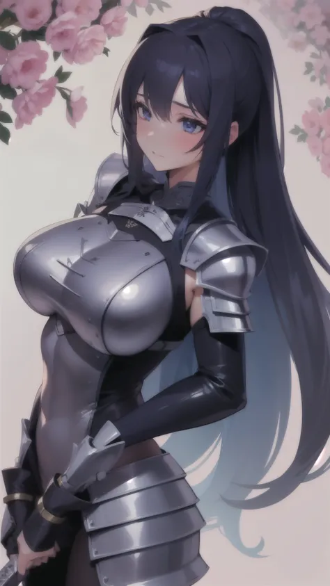 (1girl, solo), sexy, erotic, lewd, knight girl, giant sword, tight armor, flowers background