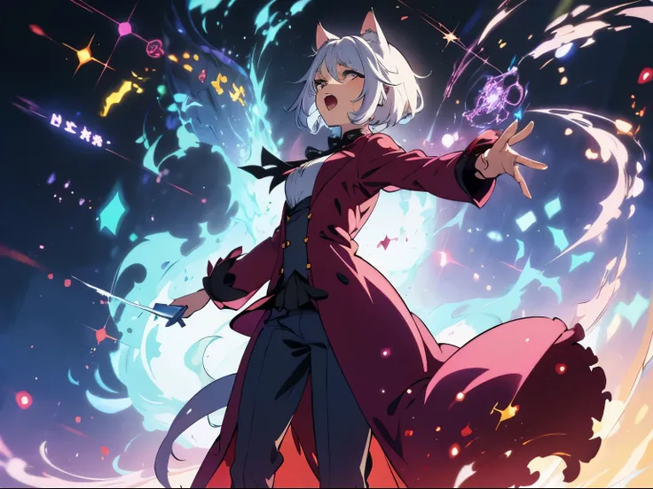 masterpiece, A world where magic and technology coexist, cat ears girl (gray hair, short hair) ，boyish，hone your skills、Set out on a journey to uncover the secrets of power., beautiful eyes、Standing in the forest，fantasy，drawn in detail. A magician makes t...