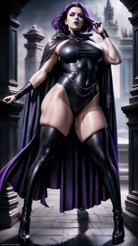 Masterpiece, digital artwork, famous artwork, gothgirl solo as raven , muscular, wide hips,  leotard, full-body angle,  dark atmosphere, grey skin, purple hair, forehead jewel, cape,black  leather thigh boots