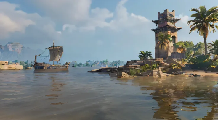 There is a small island，There is a boat in the water, movie shot, egyptian environment, sea of thieves style, beautiful afternoon light, Scene of temple being flooded, Sea of Thieves screenshots, summer Unreal Engine 5, Upgrade to high resolution, ( ( Unre...