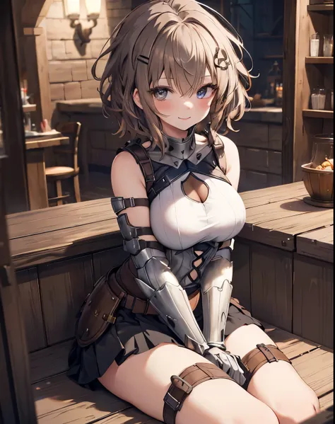 masterpiece,1girl, sparrow, a brown haired girl, wearing a knight armor, curly short hair, messy hair, black skirt, slim body, w...