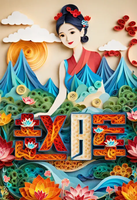 (number art, paper art,layered paper art,paper quilling,paper-cut,paper sculpture),1 girl,mountains, tree, river,flowers,lotus, (Oriental elements, Chinese color, Advanced color matching),(3D sculpture,Render by Octane,Volumetric light), (Loss of focus, Ve...