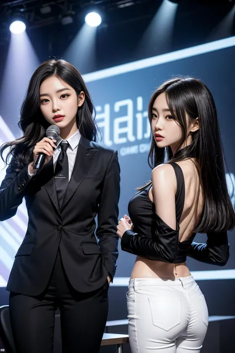 （8k，best quality，masterpiece，actual，super detailed：1.3），（1 girl，beautiful korean girl, kpop idol），（black blazer：1.2），（white leggings：1.1），（Serious expression：1.2）discuss，（speech，handheld microphone：1.2）（crowd，audience：1.3），Sexy long legs， （Thigh clearance：...