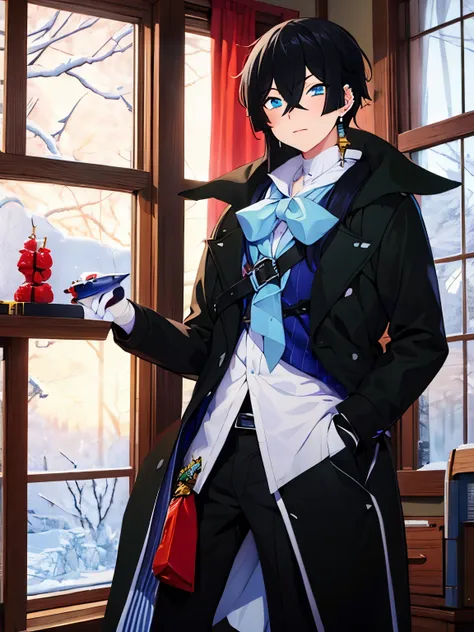 1 boy, vanitas, standing, holding a bomb in his hand, at the north pole, snowing, ultra detail