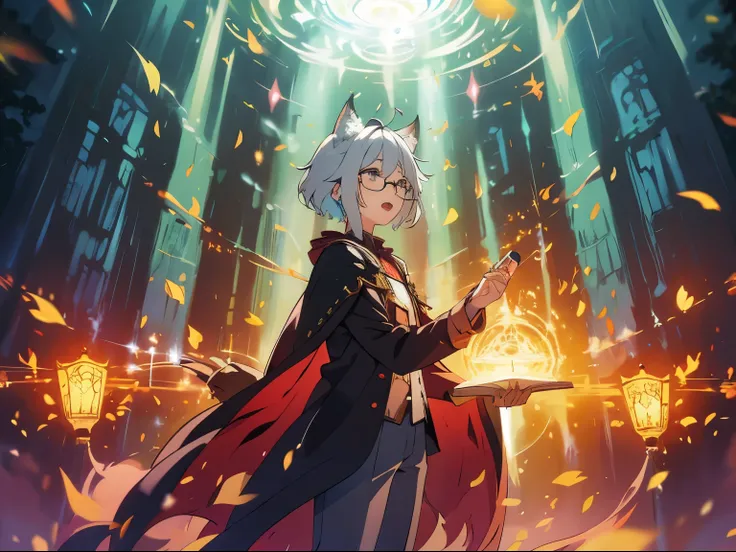 masterpiece, A world where magic and technology coexist, cat ears boy (gray hair, short hair) ，boyish，hone your skills、Set out on a journey to uncover the secrets of power., beautiful eyes、Standing in the forest，fantasy，drawn in detail. A magician makes th...