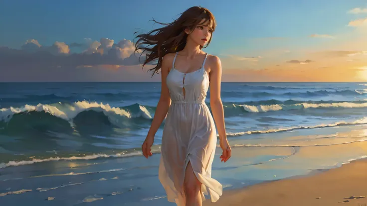 Beautiful evening beach with stars, waves illuminated by the setting sun, Calm and quiet waves、Beautiful woman walking on a sandy beach on a small island, gentle smile, beautiful blue eyes, long brown hair, (( The womans face is beautiful and detailed)), W...