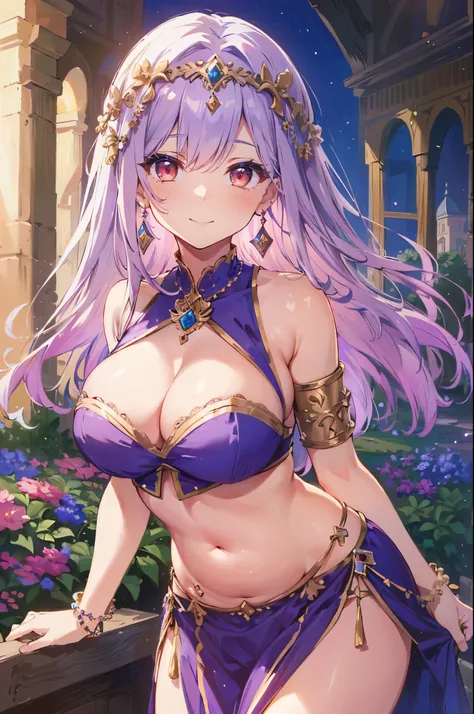 high quality, ultra detailed, best quality, insanely detailed, beautiful, masterpiece, 1girl, garden, medieval Europe, cowboy shot, red eyes, long hair, light purple hair, (belly dancer, harem outfit, pelvic curtain:1.2), bare legs, circlet, earrings, arml...