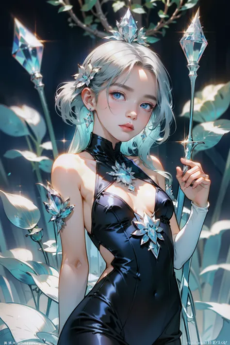 The hair is covered with beautiful and delicate floral craftsmanship, Crystal jewelry filigree，jewelry，Ultra-detailed details，Beautiful aristocratic girl，Gray hair is elegantly coiled，(((Silvertone)))，golden colored。Blue and purple clear eyes，crystal，Illus...