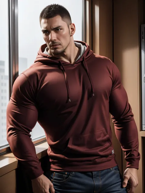 tall giant muscular肌肉男，红色和黑色连帽sweatshirt，sweatshirt，jeans，character concept（resident evil - chris redfield，chris redfield）angry ...